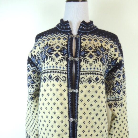 Dale of Norway Wool Nordic fair isle classic Cardigan Sweater blue black white S